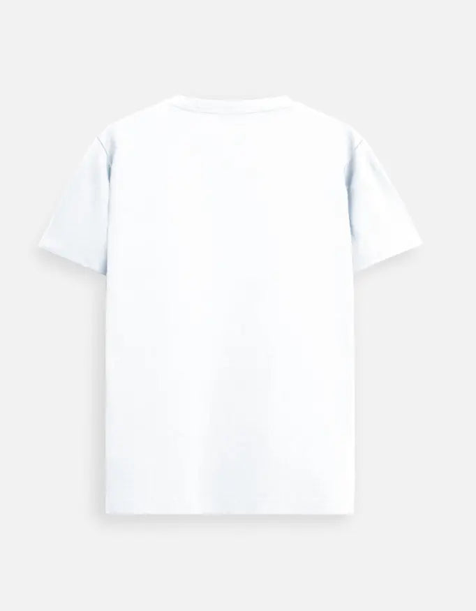 Plain white short-sleeve t-shirt back view on light gray background