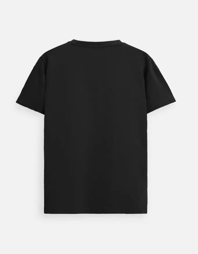 Plain black short-sleeve t-shirt shown from the back on white background