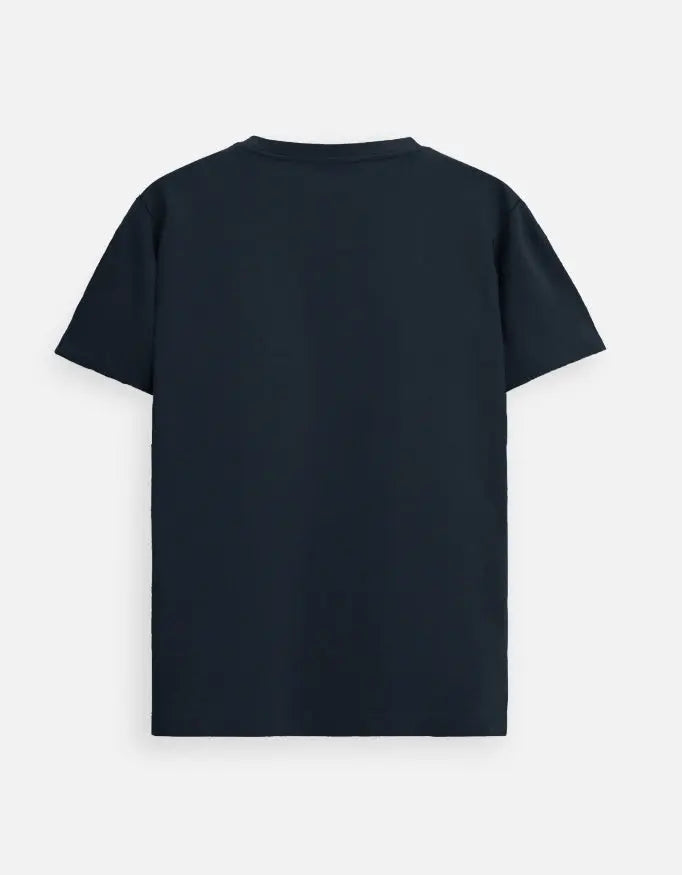 Plain navy blue short-sleeve cotton t-shirt displayed on white background, back view
