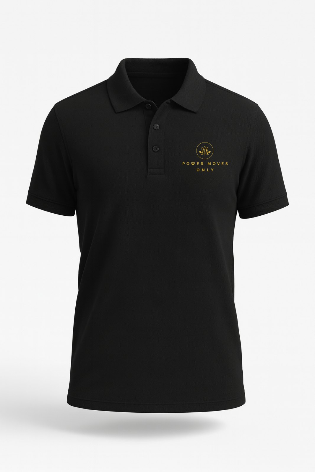 Black polo shirt with collar and buttons, featuring yellow Power Moves Only logo and lotus design