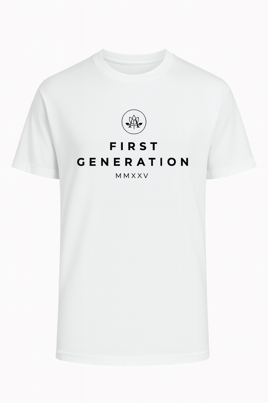 White T-shirt with black text 'FIRST GENERATION MMXXV' and circular logo above