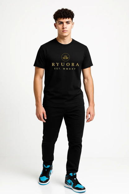Young man wearing black Ryuora t-shirt with gold logo and text, black pants, and blue sneakers