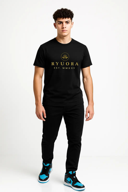 Young man wearing black Ryuora t-shirt with gold logo and text, black pants, and blue sneakers