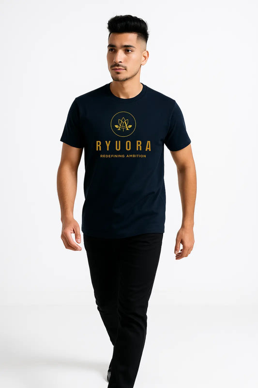 Man walking wearing a black Ryuora t-shirt with gold logo and text on white background