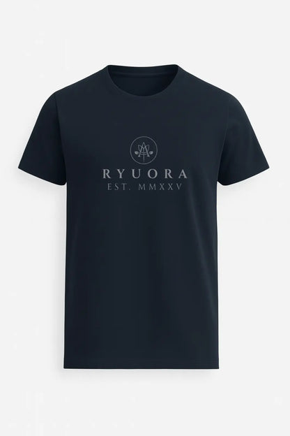 Black crew neck t-shirt with gray RYUORA logo and EST. MMXXV text centered