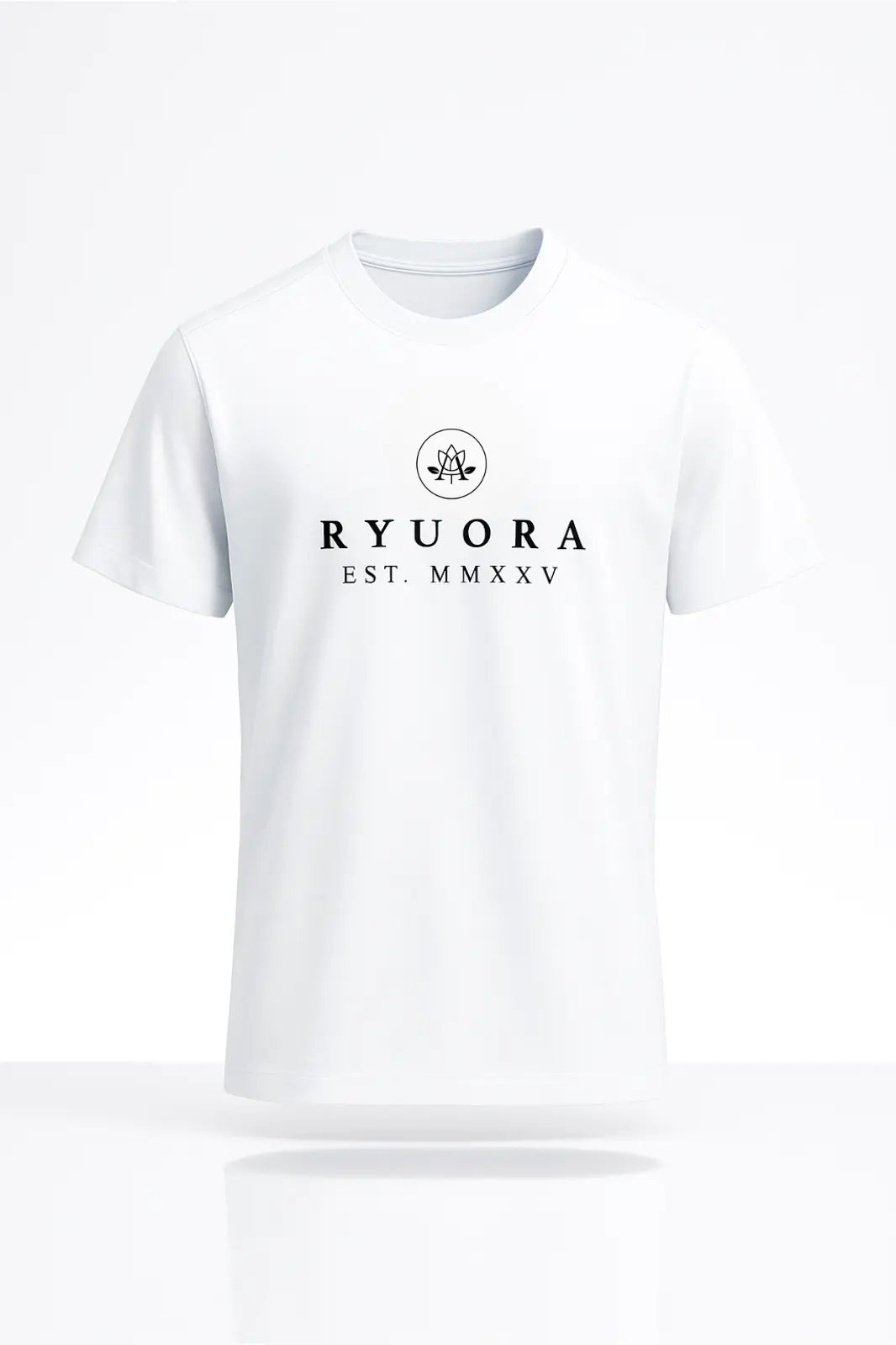 White cotton t-shirt with black RYUORA logo and EST. MMXXV text, minimal design