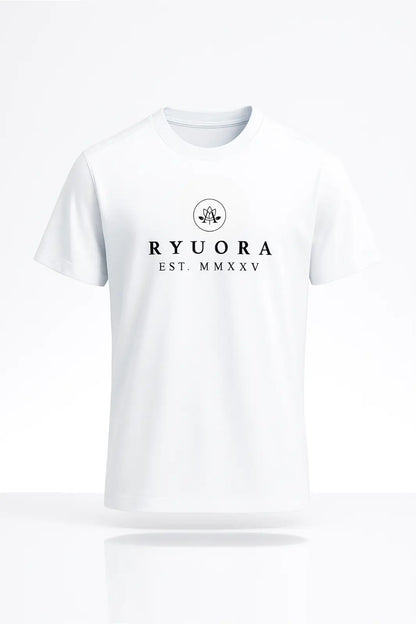 White cotton t-shirt with black RYUORA logo and EST. MMXXV text, minimal design