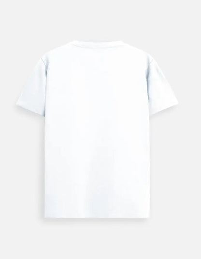 Plain white short-sleeve t-shirt back view on light gray background