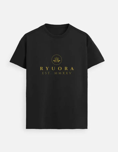 Black T-shirt with gold RYUORA logo and EST. MMXXV text, minimalist fashion design