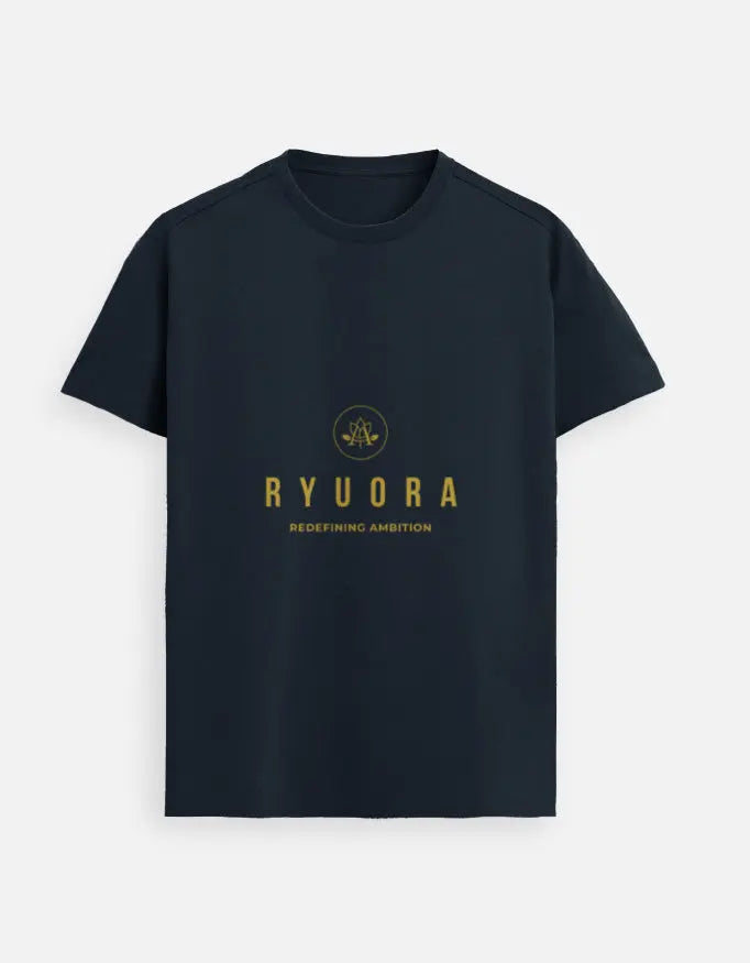 Navy blue T-shirt with yellow RYUORA logo and slogan Redefining Ambition on front