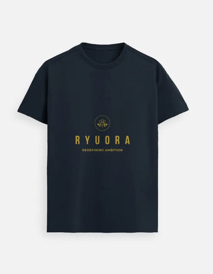 Navy blue T-shirt with yellow RYUORA logo and slogan Redefining Ambition on front